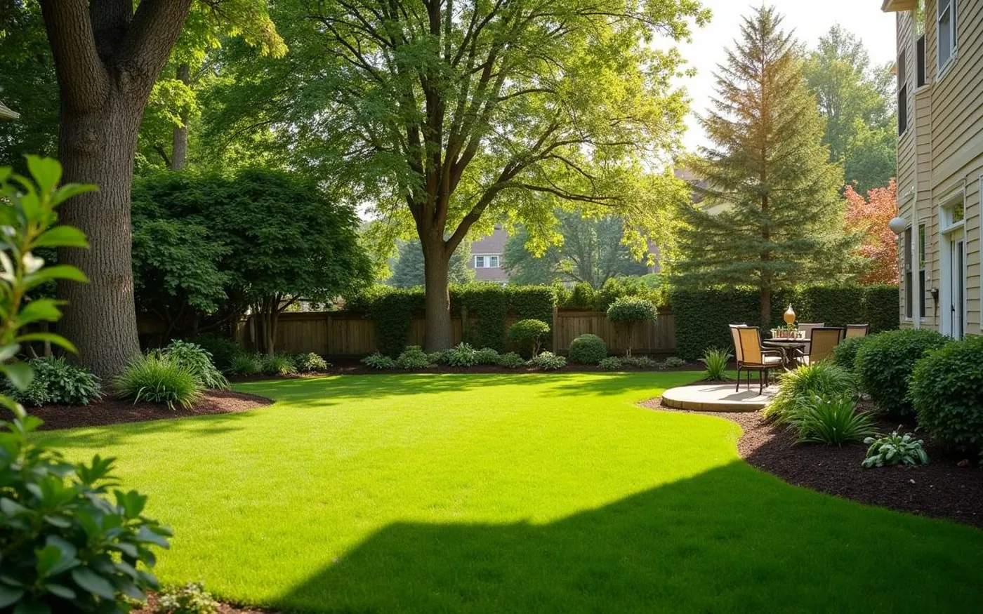 Louisville East End backyard with healthy lawn and mature trees