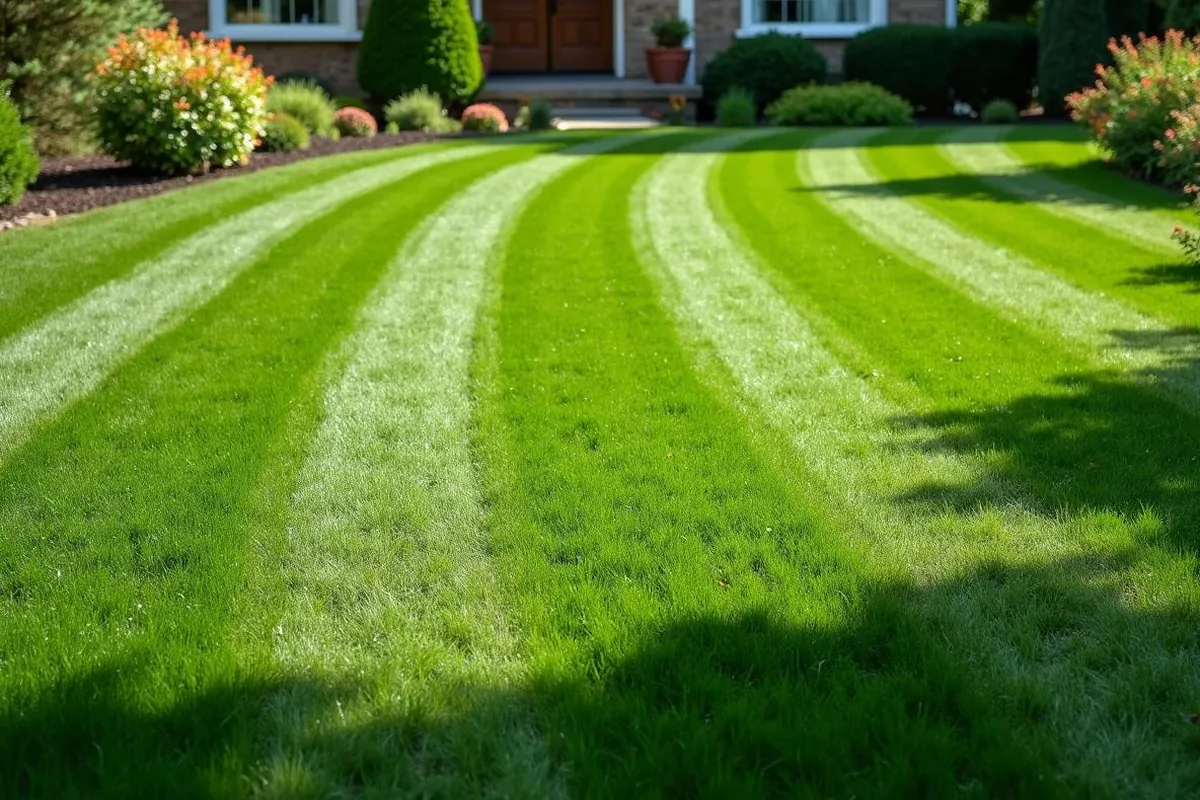 Freshly mowed Louisville lawn showing clean stripes and healthy green grass