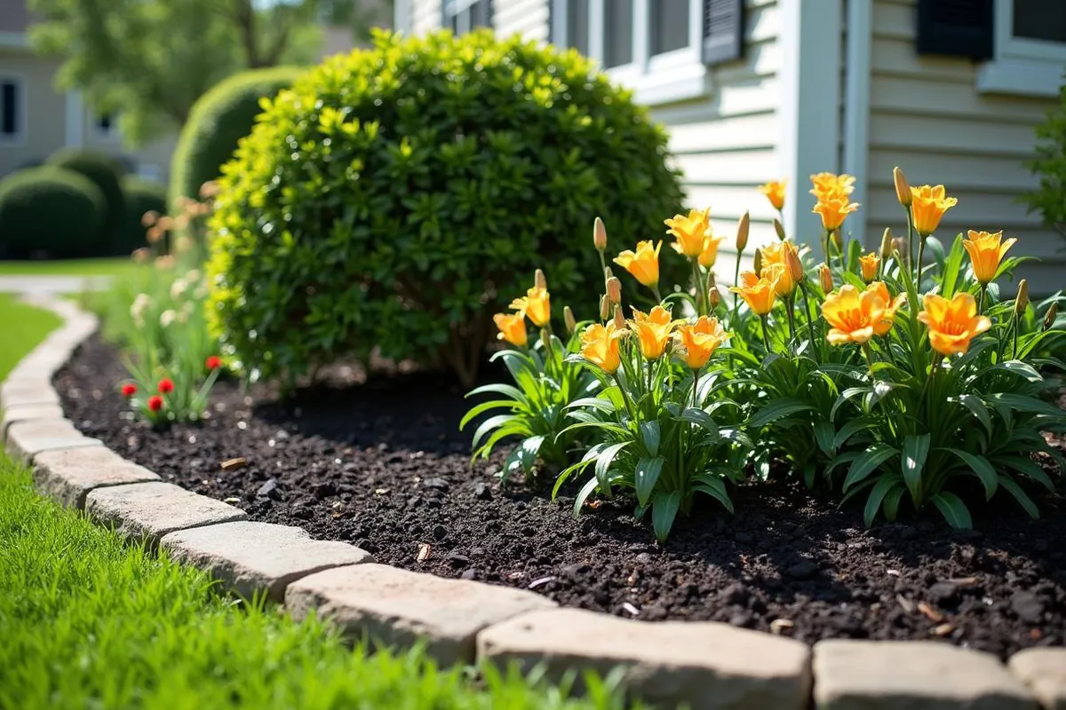 Newly refreshed landscape bed with clean edging and layered shrubs in a Louisville East End yard