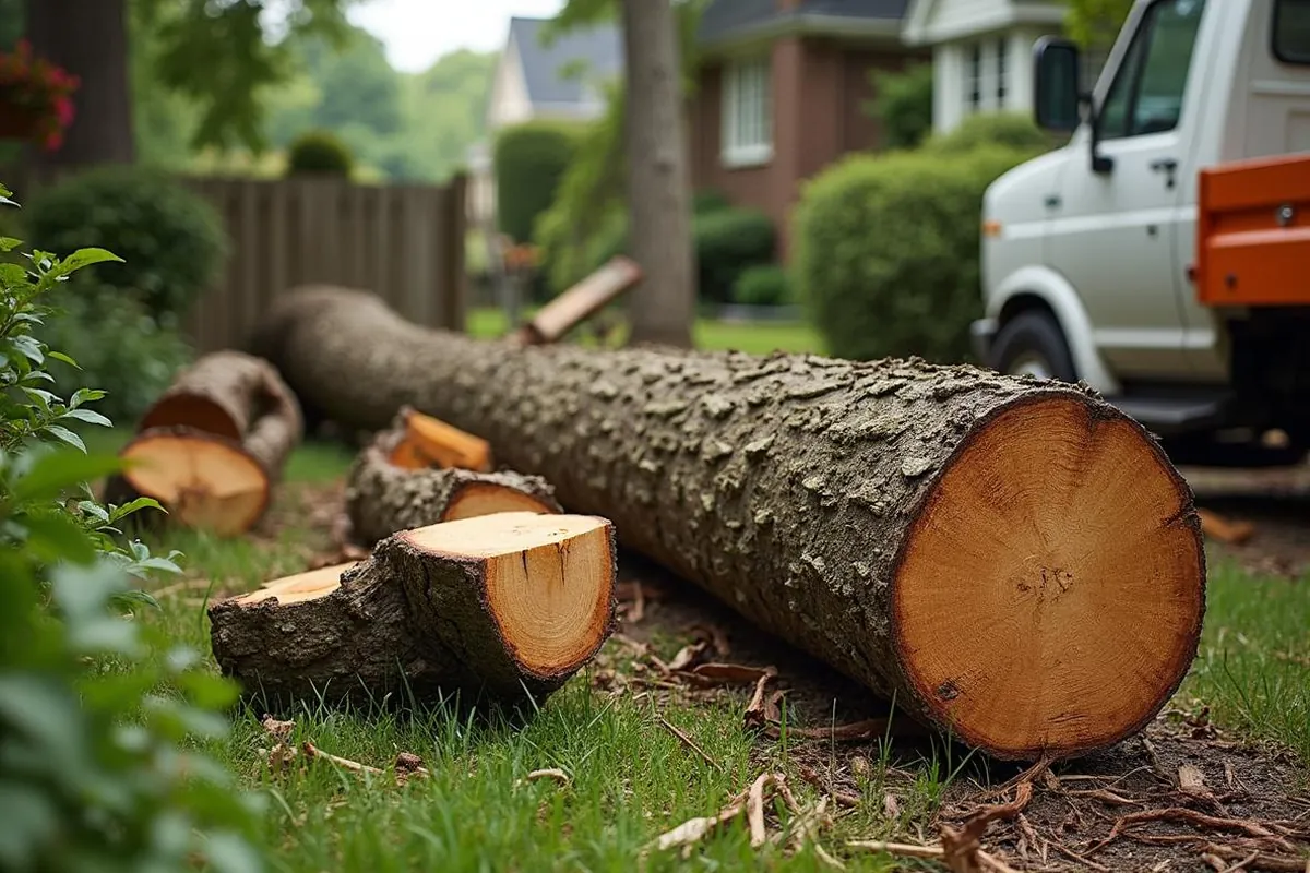Large fallen limb being sectioned and hauled from a Louisville East End property